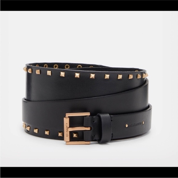 All Saints Black Leather Maxie Studded Belt with Gold Pyramid Studs - Picture 3 of 7